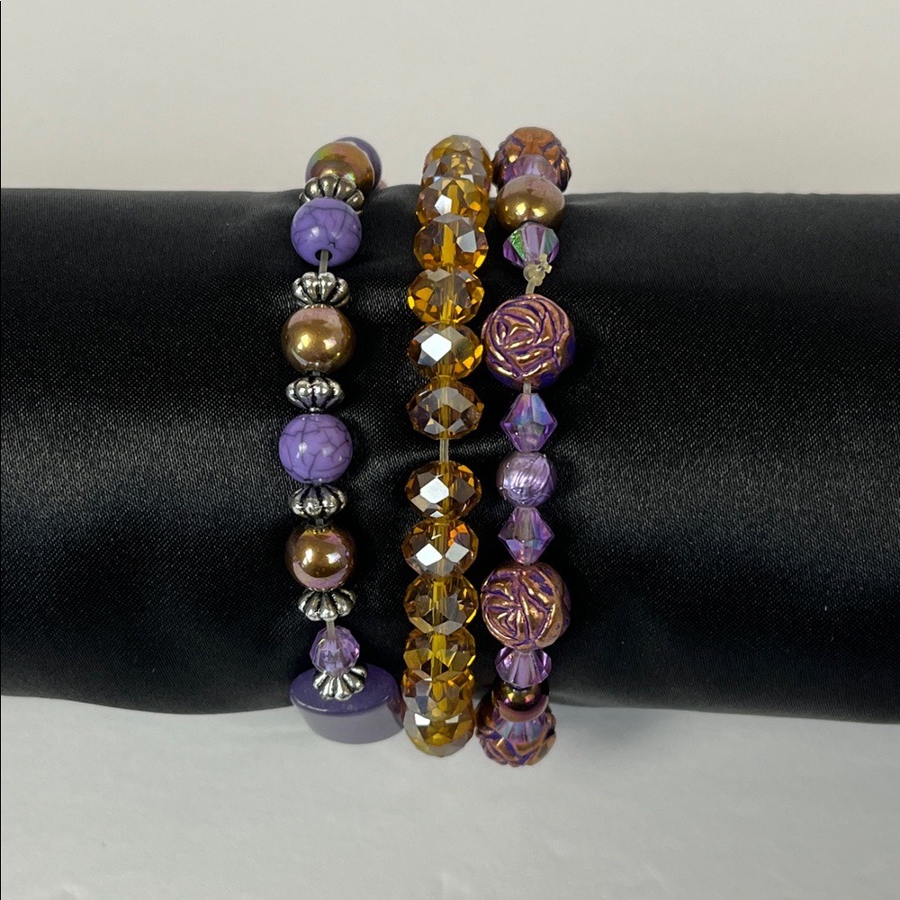 Purple Amber Beaded Stretch Bracelet Set of 3 Silver & Copper Tone Boho Romantic